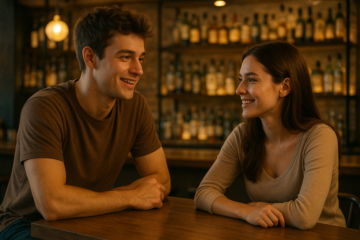 a young guy talking with a girl in a bar